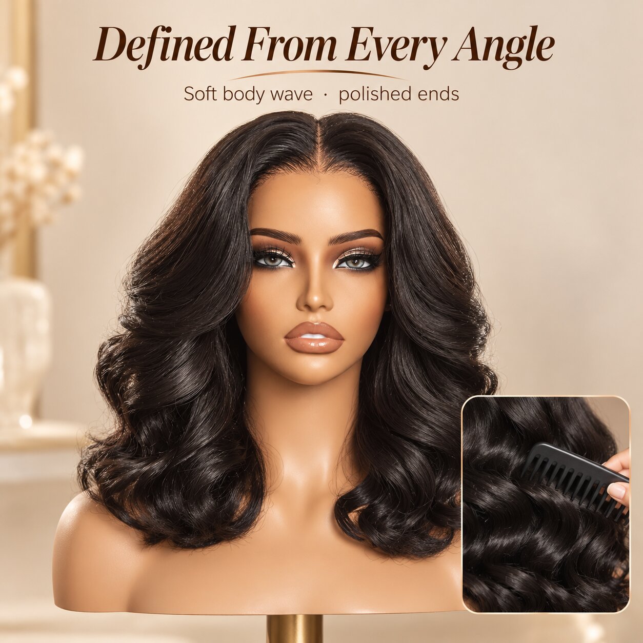 Black woman wearing a shoulder-length Natural Black body wave human hair wig with full face-framing curls and soft, glossy volume.