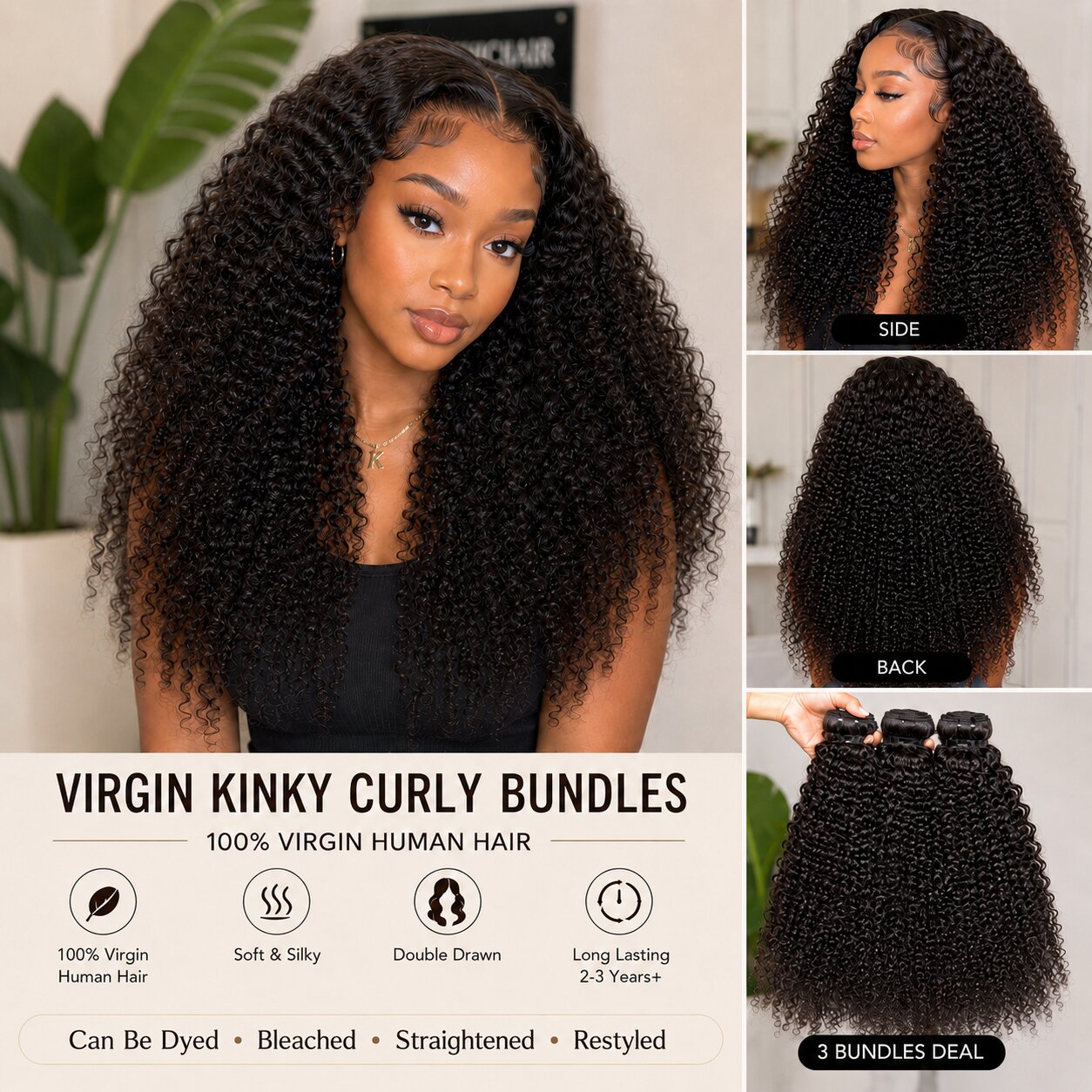 Black woman wearing full and defined Virgin Kinky Curly Bundles with natural black curls, showing front, side, and back hairstyle views.