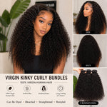 Black woman wearing full and defined Virgin Kinky Curly Bundles with natural black curls, showing front, side, and back hairstyle views.