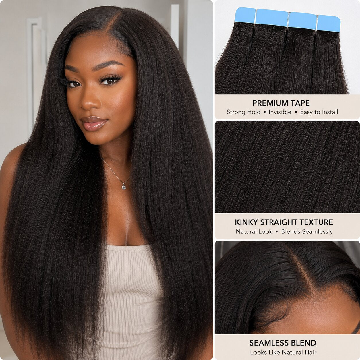 Black woman wearing kinky straight tape in hair extensions with seamless blend, natural texture and long voluminous hair