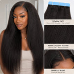 Black woman wearing kinky straight tape in hair extensions with seamless blend, natural texture and long voluminous hair