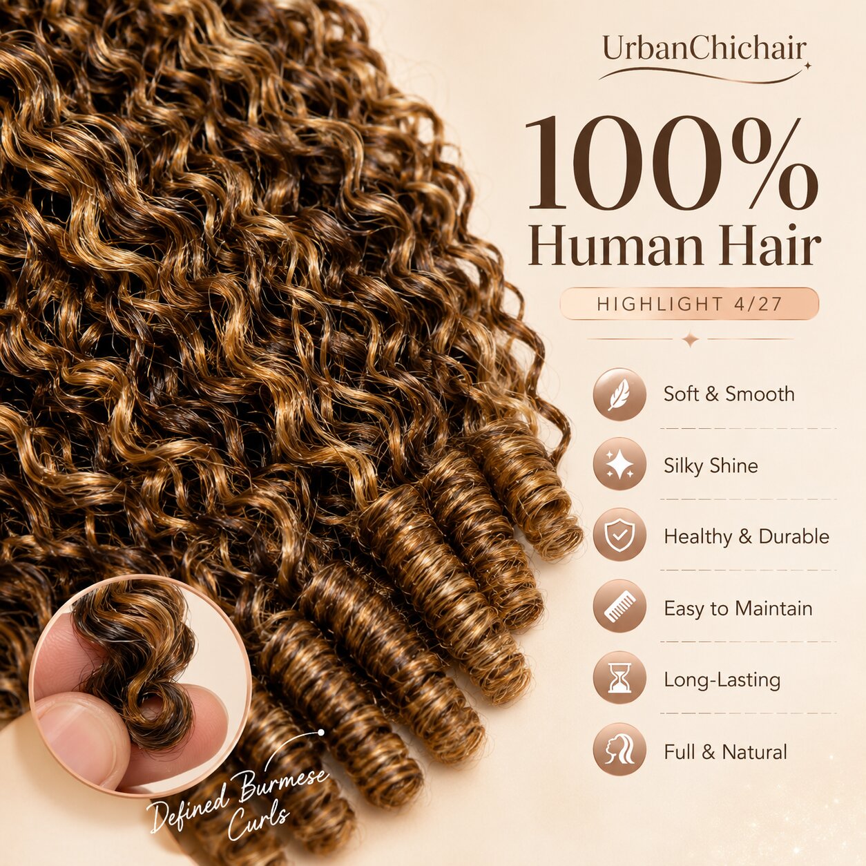 Black woman wearing long Highlight 4/27 Burmese Curly crochet human hair in indoor lifestyle setting