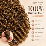 Black woman wearing long Highlight 4/27 Burmese Curly crochet human hair in indoor lifestyle setting
