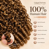 Black woman wearing long Highlight 4/27 Burmese Curly crochet human hair in indoor lifestyle setting