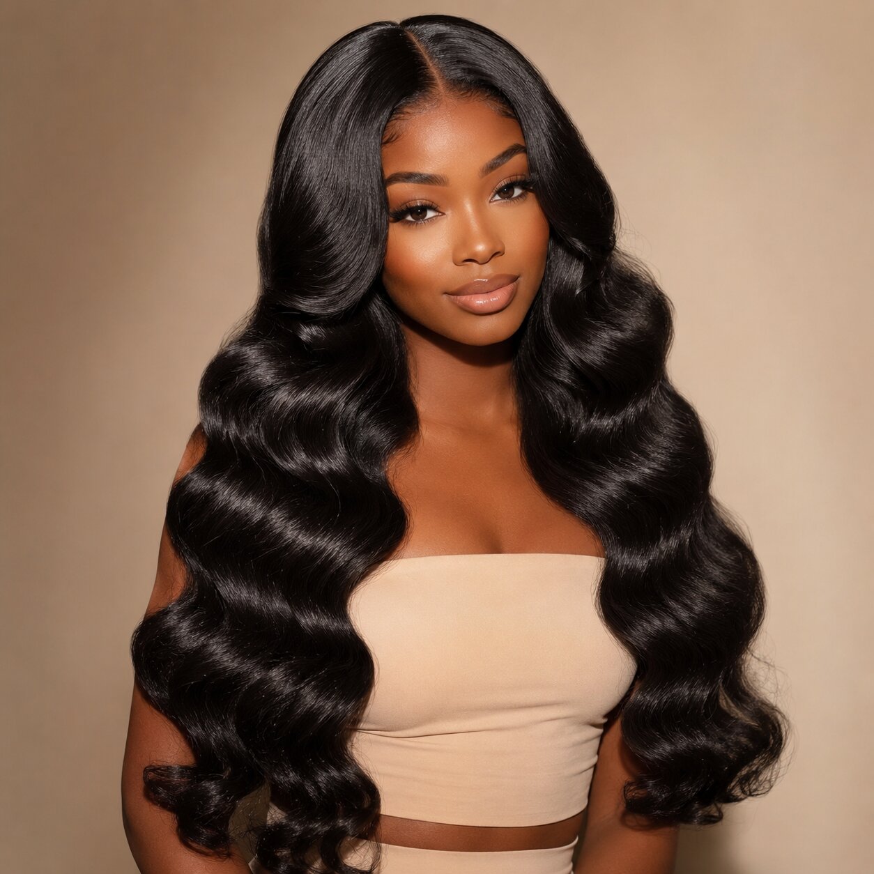 Black woman wearing long Virgin Body Wave Hair Bundles Double Drawn with soft, full, glossy waves and a natural middle part hairstyle