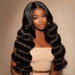 Black woman wearing long Virgin Body Wave Hair Bundles Double Drawn with soft, full, glossy waves and a natural middle part hairstyle