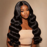 Black woman wearing long Virgin Body Wave Hair Bundles Double Drawn with soft, full, glossy waves and a natural middle part hairstyle
