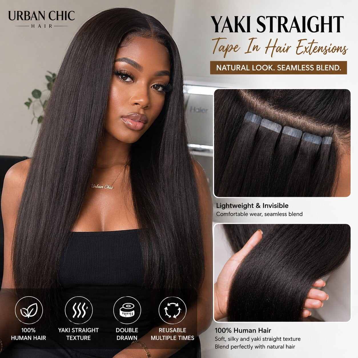 Black woman wearing long Yaki Straight tape in hair extensions with a seamless natural blend, soft texture, and full straight style by UrbanChichair.