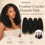Black woman wearing long natural black UrbanChichair Feather Crochet Human Hair with pre-separated strand detail inset.
