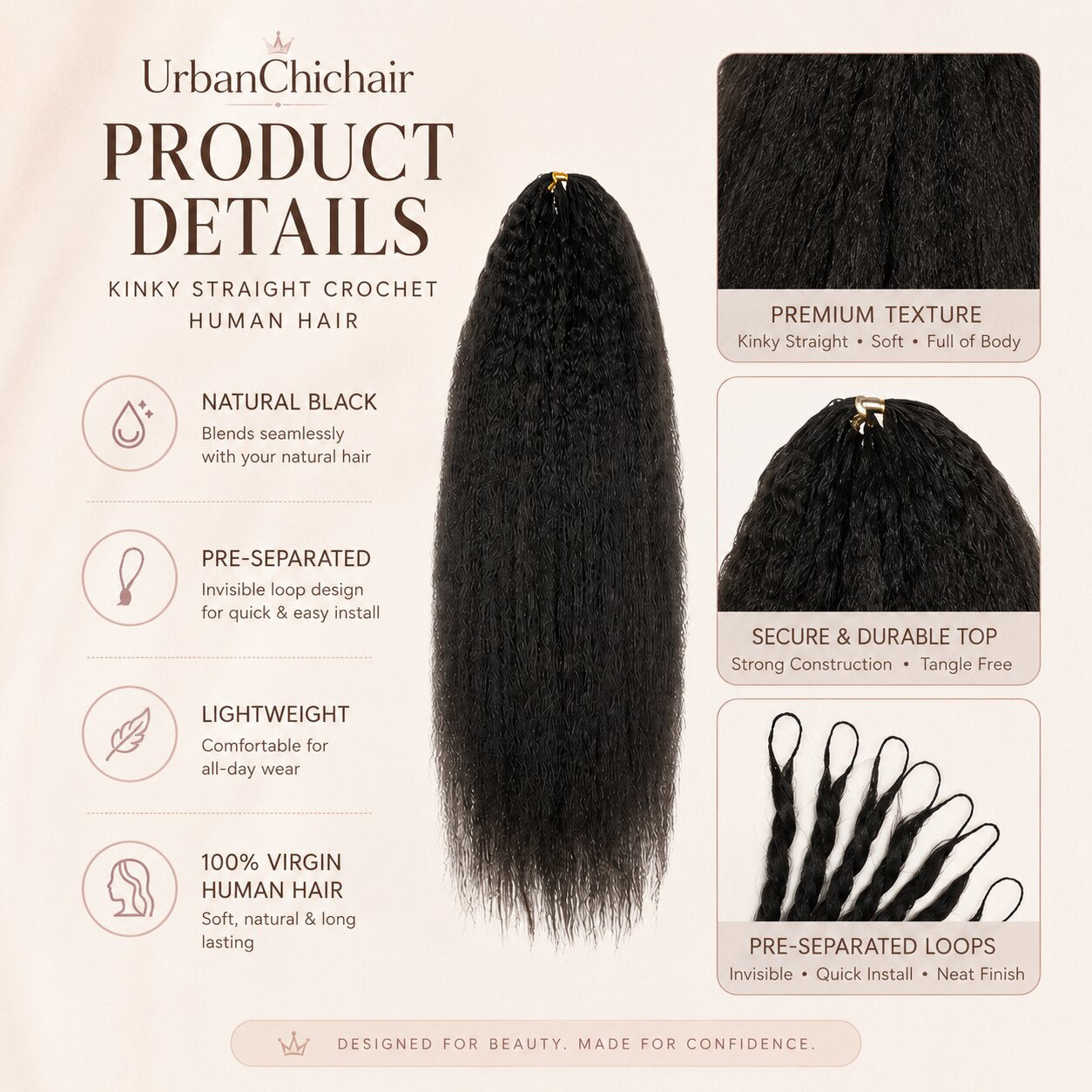 Black woman wearing long natural black kinky straight crochet human hair with full textured volume and a seamless natural-looking finish for UrbanChichair.