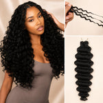 Black woman wearing long natural black loose deep crochet braids with soft volume and defined curls.