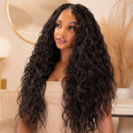 Black woman wearing long natural body wave crochet human hair extensions with soft glossy waves, seamless blend, premium beauty editorial hairstyle look.