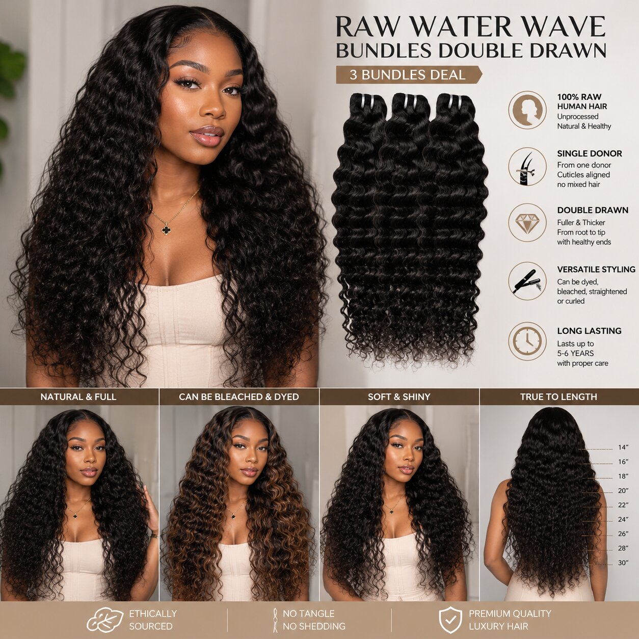 Black woman wearing long raw water wave hair extensions with product bundle display and premium human hair benefits by UrbanChichair