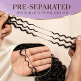 Black woman wearing loose deep crochet braids with product bundle and pre-separated strand detail panels beside her.