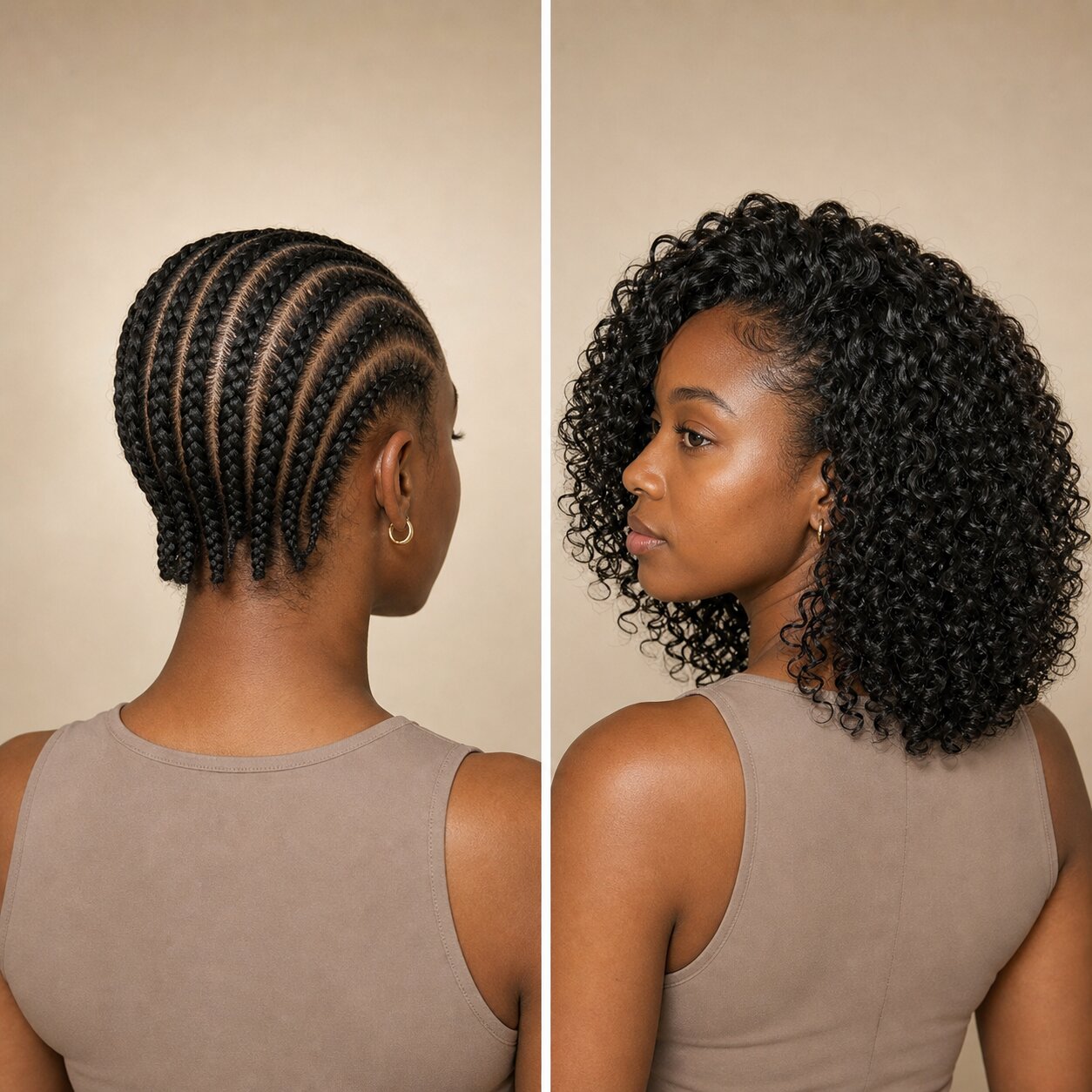Black woman wearing shoulder-length Spanish Curl human hair crochet braids