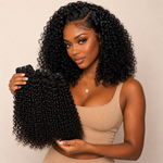 Black woman with full pixie curly hair holding Raw Pixie Curly Bundles Double Drawn human hair bundles by UrbanChichair