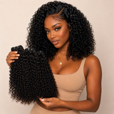 Black woman with full pixie curly hair holding Raw Pixie Curly Bundles Double Drawn human hair bundles by UrbanChichair