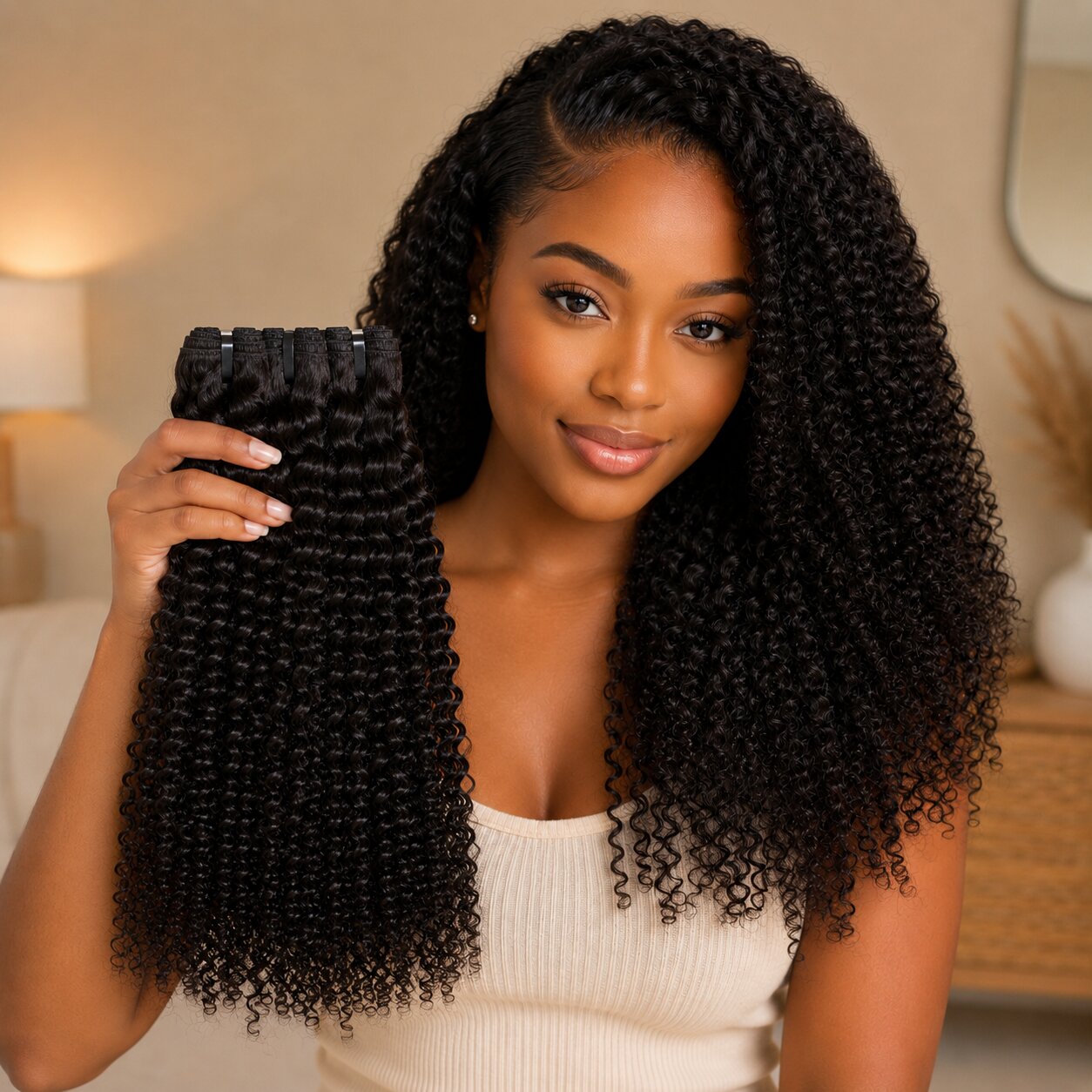 Black woman with voluminous kinky curly hair holding Virgin Kinky Curly Bundles, showing natural black curls and soft human hair texture.