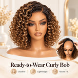 Blonde-highlight water wave curly bob wig displayed on a mannequin with an inset showing easy glueless wig placement.