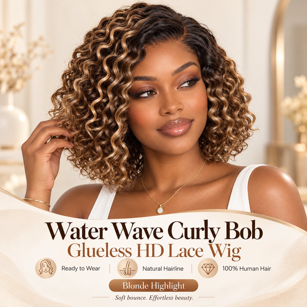 Blonde highlight water wave curly bob human hair wig featuring pre-cut HD lace, a natural-looking hairline and glueless wear.