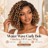 Blonde highlight water wave curly bob human hair wig featuring pre-cut HD lace, a natural-looking hairline and glueless wear.