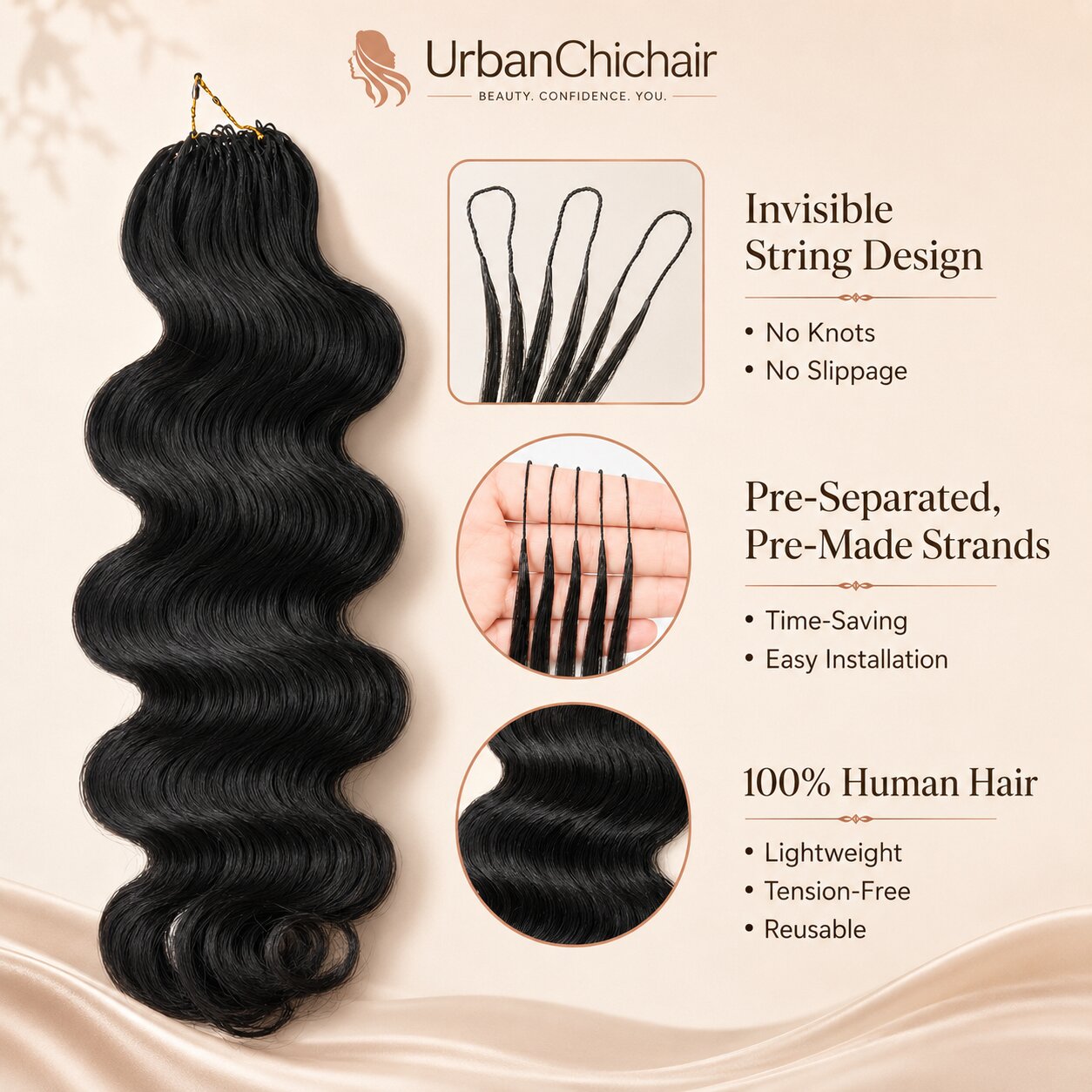 Body wave crochet human hair extensions product benefits card showing 100% human hair, curl and straighten versatility, and dyeable texture features.