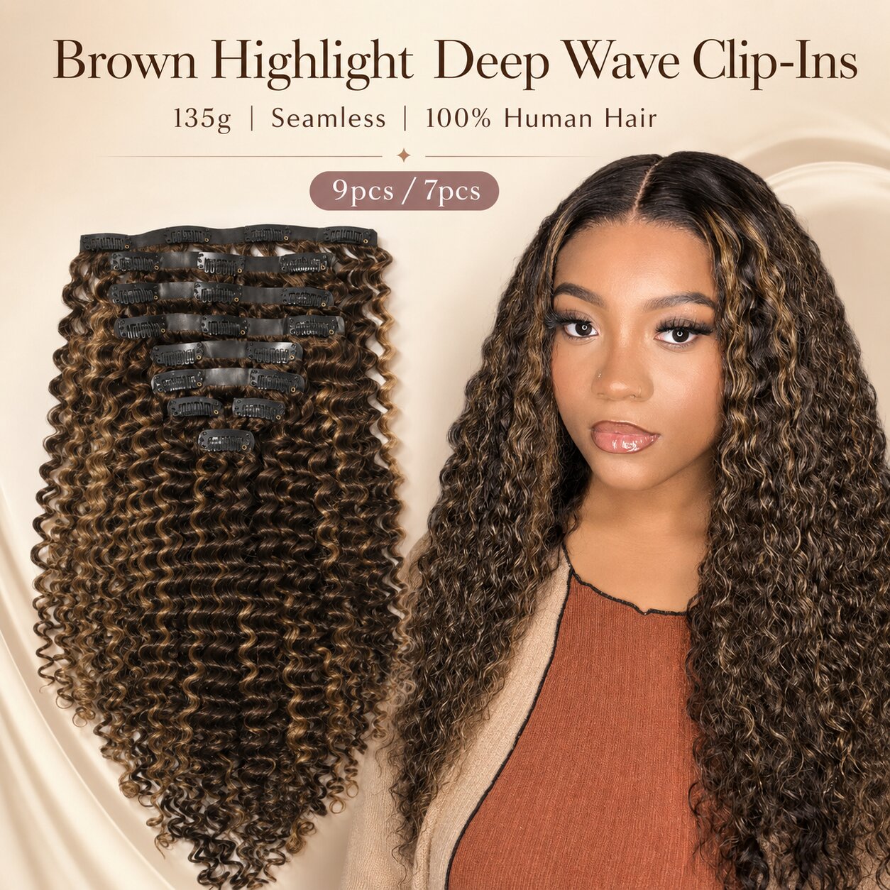 Brown Highlight Deep Wave Seamless Clip-In Human Hair Extensions 135g with model wearing highlighted curls and full clip-in set display