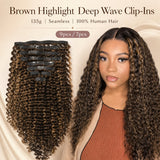 Brown Highlight Deep Wave Seamless Clip-In Human Hair Extensions 135g with model wearing highlighted curls and full clip-in set display