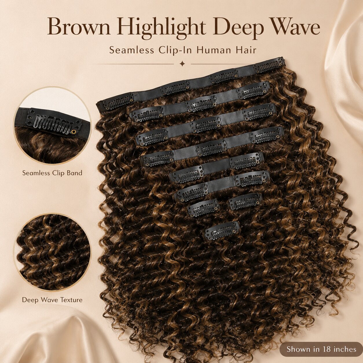 Brown Highlight Deep Wave clip-in human hair extensions flat lay showing seamless clip band and defined deep wave texture close-ups