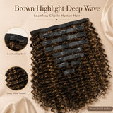 Brown Highlight Deep Wave clip-in human hair extensions flat lay showing seamless clip band and defined deep wave texture close-ups