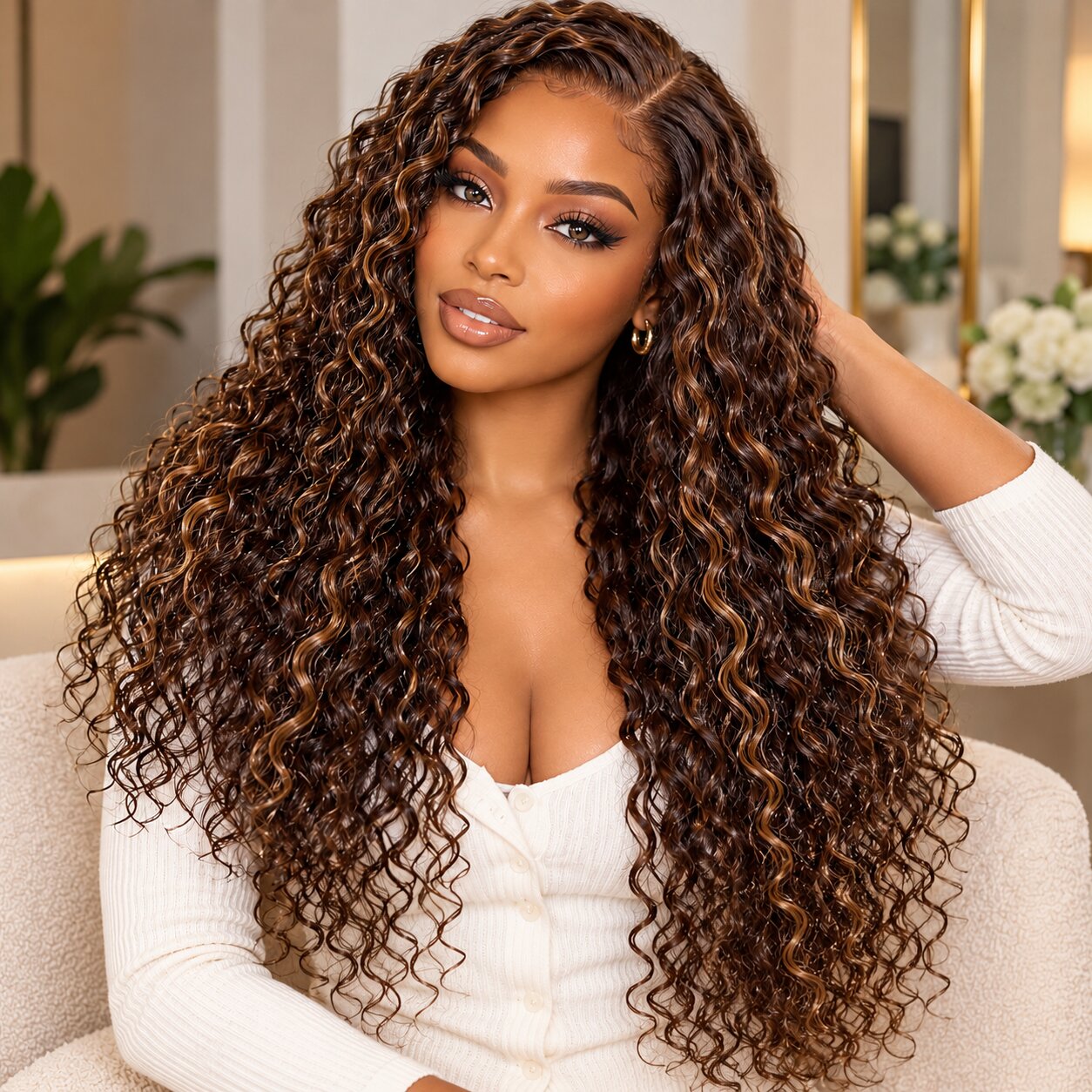 Brown highlight Funmi curly glueless human hair wig styled in three versatile looks: wet-look curls, half-up hairstyle, and low updo.