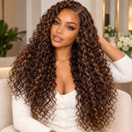 Brown highlight Funmi curly glueless human hair wig styled in three versatile looks: wet-look curls, half-up hairstyle, and low updo.
