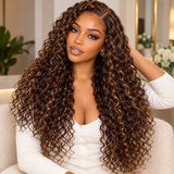 Brown highlight Funmi curly glueless human hair wig styled in three versatile looks: wet-look curls, half-up hairstyle, and low updo.