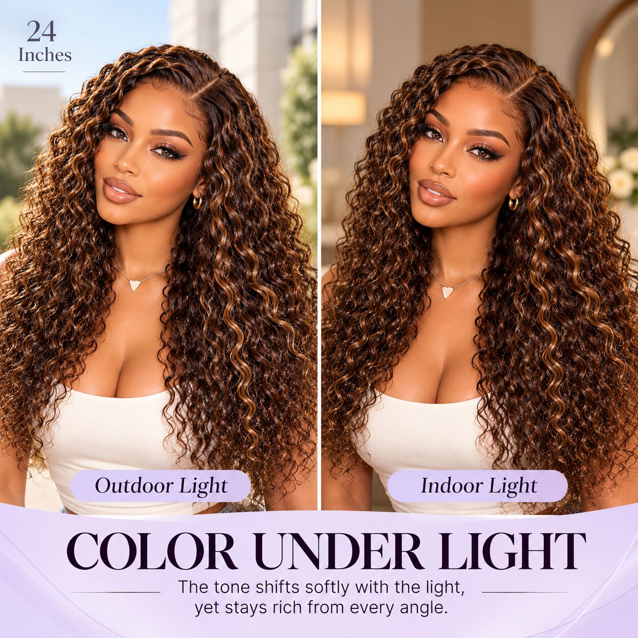 Brown highlight Funmi curly human hair wig displayed on a mannequin with defined wet-look curls and front, side, and back views.


