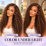 Brown highlight Funmi curly human hair wig displayed on a mannequin with defined wet-look curls and front, side, and back views.

