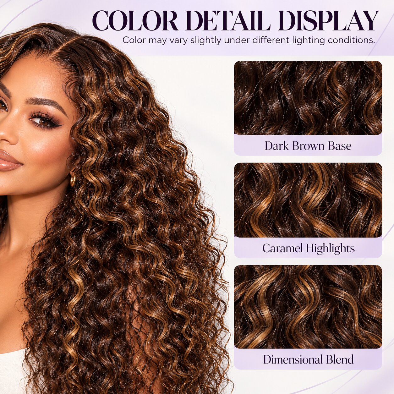 Brown highlight curly human hair wig shown in outdoor and indoor lighting, highlighting warm caramel tones and natural color dimension.