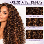 Brown highlight curly human hair wig shown in outdoor and indoor lighting, highlighting warm caramel tones and natural color dimension.
