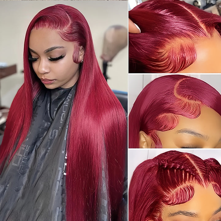 burgundy color Virgin Human hair13X6 Transparent Lace Frontal Glueless wigs - URBAN CHIC HAIR