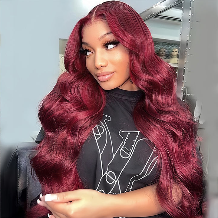 burgundy color Virgin Human hair13X6 Transparent Lace Frontal Glueless wigs - URBAN CHIC HAIR