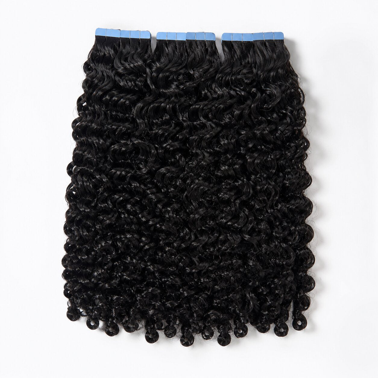 Burmese Curly Tape In Hair Extensions by UrbanChichair, double drawn black human hair with defined curls and blue tape tabs on a clean white background