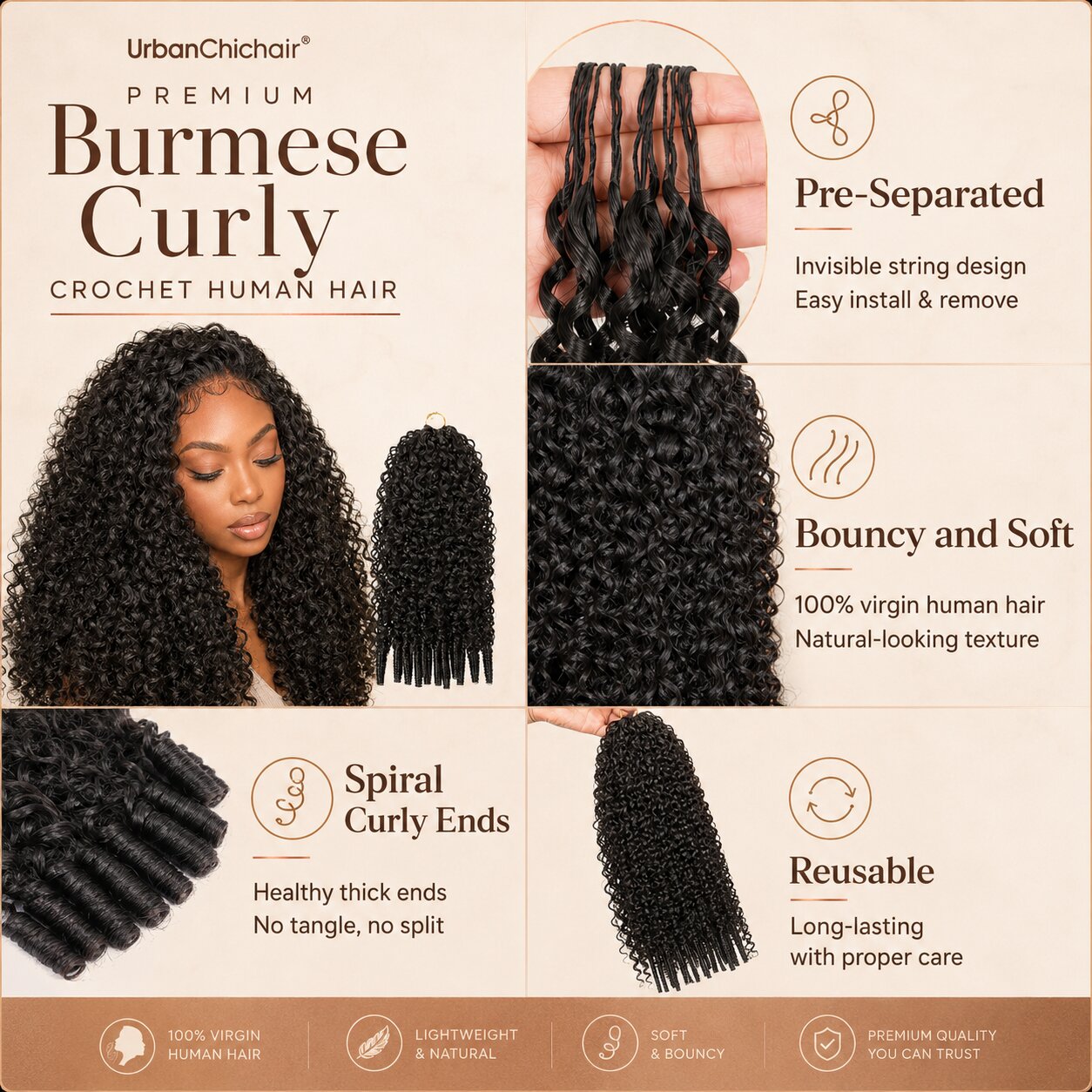 Burmese curly crochet human hair selling points with soft curls and reusable design