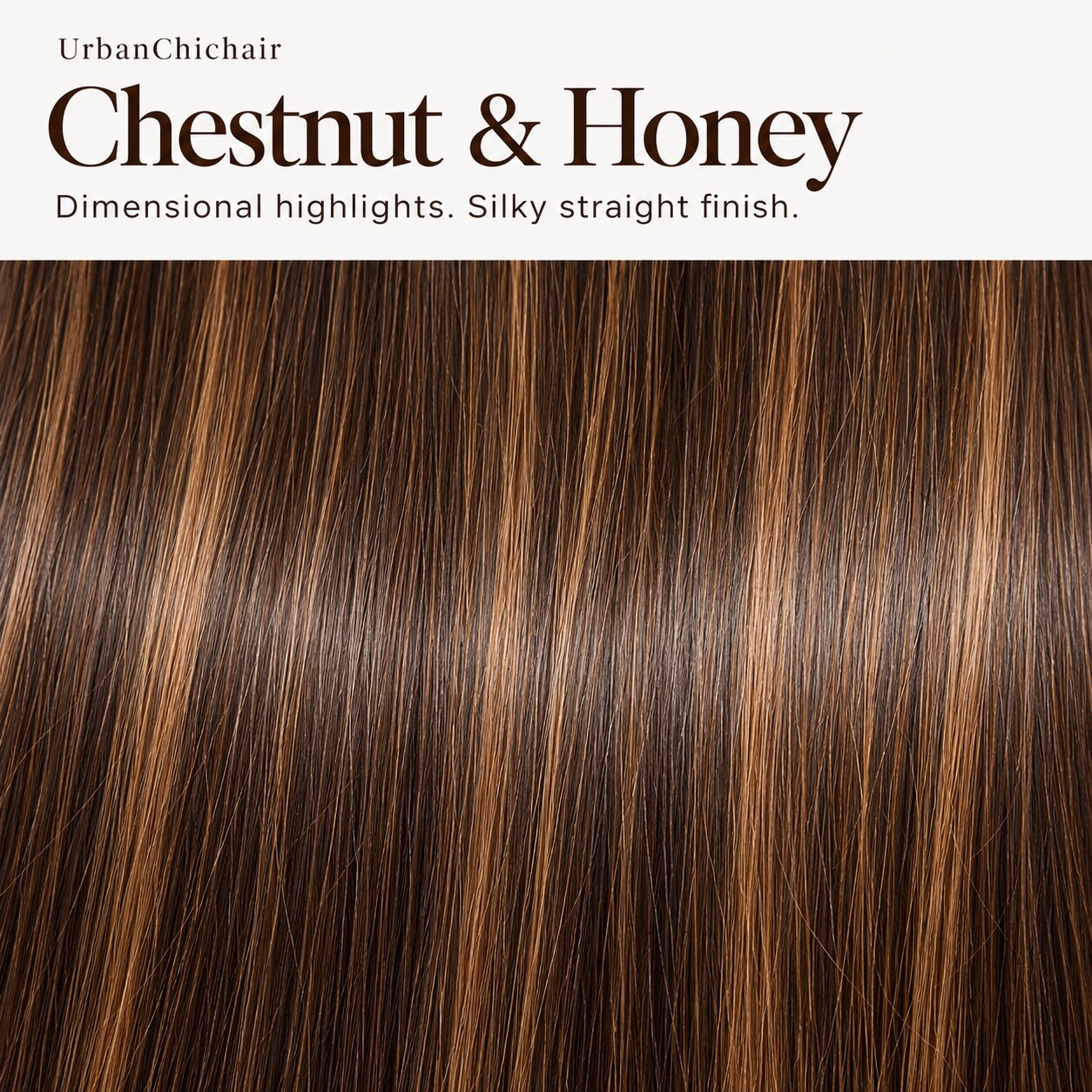 Chestnut brown and honey blonde highlight silky straight human hair wig color detail by UrbanChichair