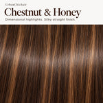 Chestnut brown and honey blonde highlight silky straight human hair wig color detail by UrbanChichair