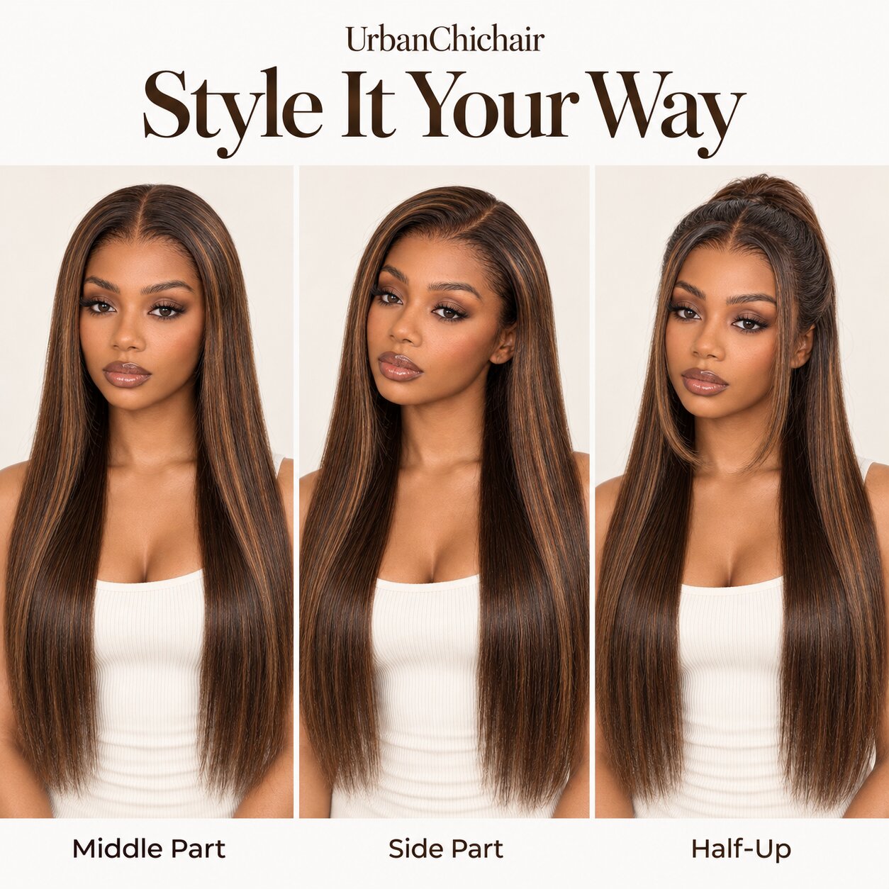 Chestnut brown honey blonde highlight glueless human hair wig styled with middle part side part and half-up look