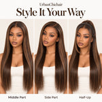 Chestnut brown honey blonde highlight glueless human hair wig styled with middle part side part and half-up look