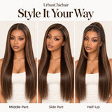 Chestnut brown honey blonde highlight glueless human hair wig styled with middle part side part and half-up look