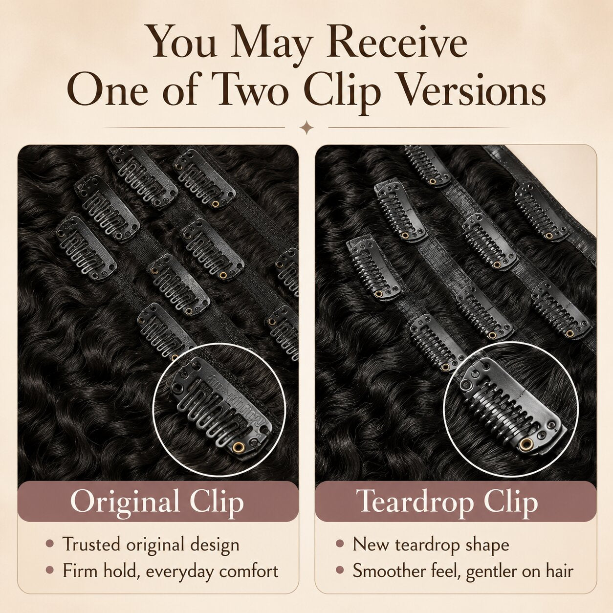 Clip version comparison for human hair clip-in extensions showing original clip and teardrop clip with close-up details