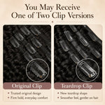 Clip version comparison for human hair clip-in extensions showing original clip and teardrop clip with close-up details