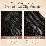 Clip version comparison for human hair clip-in extensions showing original clip and teardrop clip with close-up details