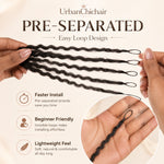 Close-up UrbanChichair pre-separated kinky straight crochet hair strands showing easy loop design for faster, beginner-friendly installation.